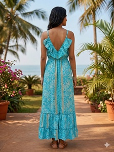 Talla Única Y2K Estilo Boho Natural, Vestido Maxi de Seda Tejida India con Estampado Geométrico, Cuello en V, Sin Mangas, Casual, con Aberturas y Volantes, Estilo Coreano de Verano - Product Image 4