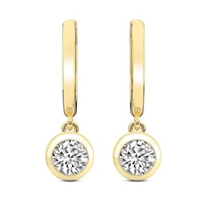 Sleek Round Bezel Lab Grown <b>Diamond</b> <b>Dangle</b> <b>Earrings</b> 1 Ct Tw F-G Color VS Clarity 2 <b>Diamonds</b> 14K White Gold Streamlined Fit - Product Image 3