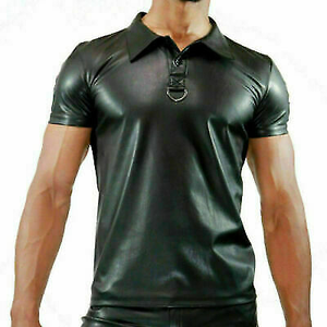 Camiseta Polo de cuero negro auténtico para hombre, de aspecto Sexy camisetas negras para hombre, camisetas sexis de Fitness Wetlook, camiseta Gay para hombre, camiseta de escenario - Product Image 4