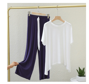 Top y pantalón asimétrico liso de algodón de manga larga con cintura elástica y cordón, conjunto de pijama transpirable para mujer - Product Image 5