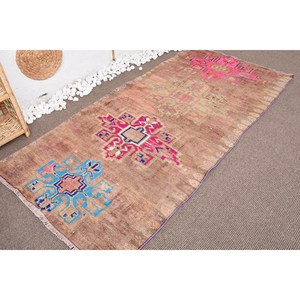 Vintage Brown Pink Geometric Wool Rug 3.6x7.9ft Rectangle Patchwork Design for Bedroom Decoration Latex Backing Jute Material - Product Image 3