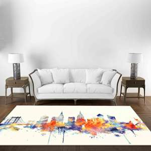 Tapis imprimé paysage urbain, silhouette de ville en aquarelle, paysage, décoration de bureau, moderne, tapis doux non tissé - Product Image 1