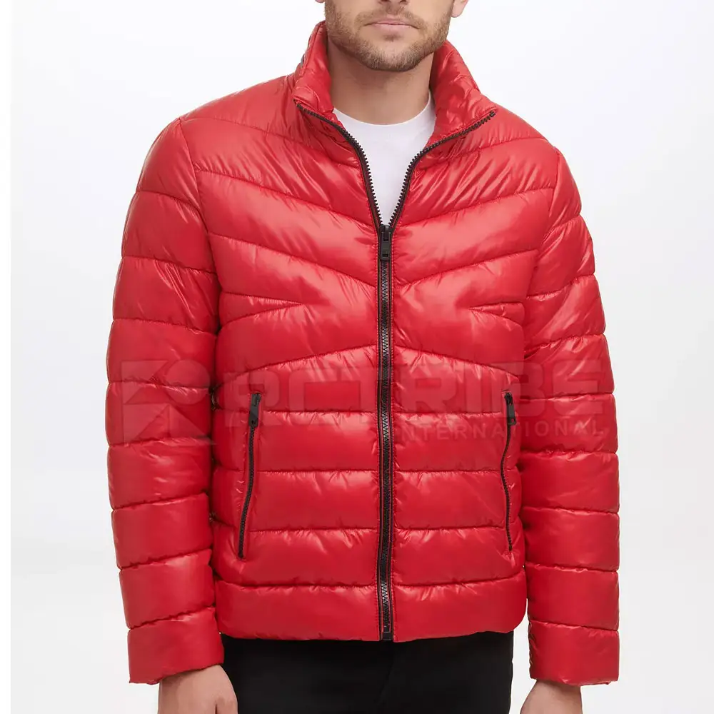 Men's Puffer Jacket Without Hood Zipper Winter Padded Lightweight Red Solid Color Down Puffer Jacket
