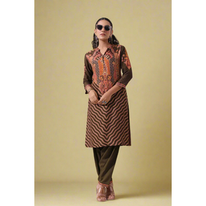 Conjunto de Kurta Étnica Marrón Nayab Zephyr con Pantalón a Juego - Product Image 1