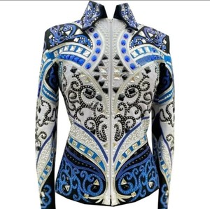 Logo personnalisé du fabricant veste de spectacle western d'équitation blanche bleue avec culotte confortable en cuir spandex - Product Image 1