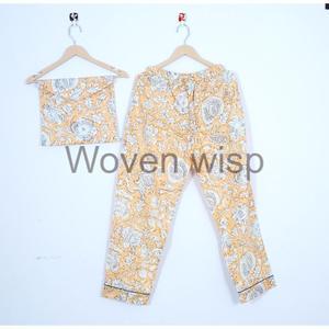 Ensemble pyjama de nuit en satin de coton pour femmes, costume de nuit d'été décontracté à manches longues, ensembles de pyjamas imprimés à la main, prix de gros disponibles - Product Image 3