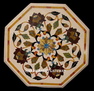 Modern Octagonal Shape <b>White</b> Marble Inlay Coffee <b>Table</b> Top Handmade Semi-Precious <b>White</b> Tones Pietra Dura Inlay Craft Work <b>Table</b> - Product Image 1