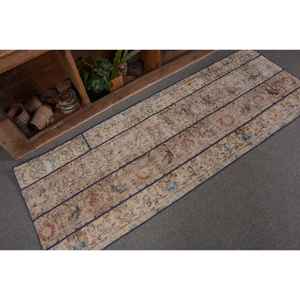 Alfombra de lana turca Vintage de 2,3x6,3 pies, tejido plano de retazos beige y azul para decoraciones de sala de estar con respaldo de látex - Product Image 5