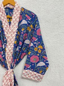 Handmade Indian 100% Cotton Kimono Dress Floor-Length Traditional Tunics Floral Block Print Elegant Bath Robe Inspired Style - Product Image 4