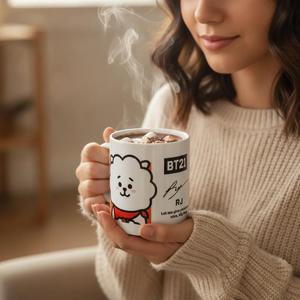 Tazza in ceramica bianca con design BT21 a forma di cartone animato con sciarpa rossa, per caffè o tè - Product Image 2