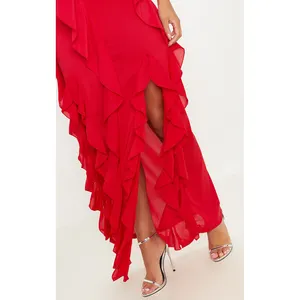 Vestido bodycon elegante de noite maxi de algodão com detalhes de ombro vermelho e frio verão de alta qualidade por atacado