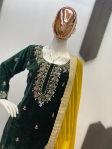 ชุดสلوارผ้ากำมะหยี่อินเดีย-ปากีสถาน ดีไซน์หรูหรา พร้อมงานปัก  ทันสมัย เหมาะสำหรับงานปาร์ตี้ งานแต่งงาน  ชุดลำลองแบบดั้งเดิม - Product Image 4