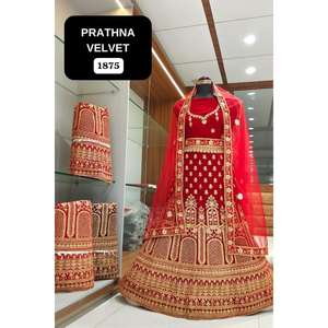 Lehenga Choli de terciopelo con bordado, ropa india y pakistaní y accesorios para ocasiones festivas, Lehenga nupcial India - Product Image 3