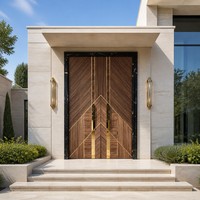 Porte d'entrée double en bois style Art déco avec incrustations dorées, porte extérieure en bois de luxe pour entrée de villa