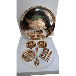 ของขวัญเวดิกอินเดียสําริดบริสุทธิ์ Kansa Thali ชุดสําหรับรับประทานอาหารเสิร์ฟบนโต๊ะอาหารอินเดียเวดิก kansa Thali จานชามช้อนแก้วราคาถูก - Product Image 6