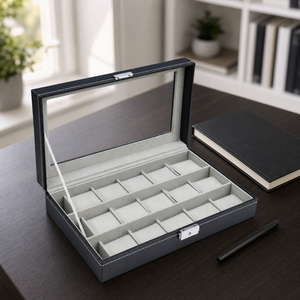 Caja organizadora de relojes de cuero con tapa de cristal, estuche de exhibición para relojes y gafas de sol - Product Image 3