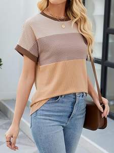 Femmes écologique couleur bloc mode printemps été décontracté lâche T-Shirts à manches courtes col rond hauts tricotés - Product Image 4