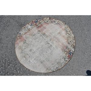 4x4 ft Turkish <b>Wool</b> Rug Round Vintage Patchwork Design <b>Red</b> Camouflage Pattern with Latex Backing - Product Image 4