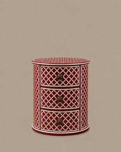 Mesa de Noche Redonda Moderna con 3 Cajones y Diseño de Panel Rojo y Blanco para Dormitorio o Habitación de Invitados - Product Image 1