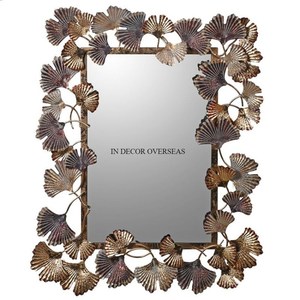 Laiton Antique Fini Heavy Duty Metal Made Gingko Leaves Designer Encadré Rectangle Forme Home Lobby Miroir Mural Décoratif - Product Image 1