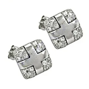 Boucles d'oreilles tendance en forme de croix en zircon cubique argenté pour femmes, géométriques religieuses, avec pierre principale en perle et laiton plaqué rhodium - Product Image 3