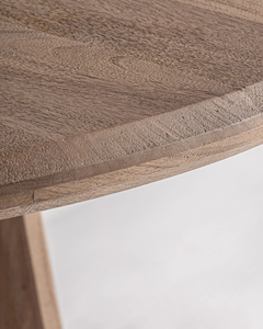 Table de salle à manger nordique moderne pour la maison, style bistrot asiatique, en bois de manguier massif, plateau rond épais, finition brun naturel, base sur piétement de forme angulaire - Product Image 2