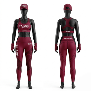 Ensemble de leggings et soutien-gorge de sport pour femmes en nylon et élasthanne 220 GSM, bordeaux et noir, avec logo personnalisé, vêtements de sport - Product Image 1