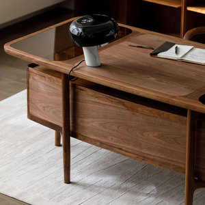 Warm Brown <b>Solid</b> <b>Wood</b> Rectangle Computer <b>Desk</b> with Glass Worktop Organized Storage 1-Year Warranty - Product Image 2