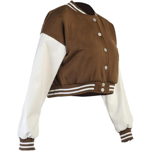 High Quality Latest Design Women Cropped Varsity Jacket <b>Brown</b> Color Cow Hide Leather Sleeve Lettermen Embroidered Street Style - Product Image 3
