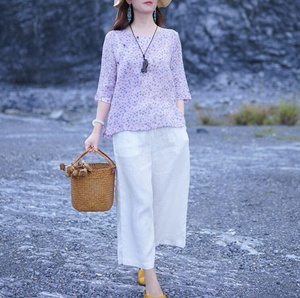 Top vente femmes 100% lin bio Culottes à la main personnalisé Vintage bouton décoration coupe ample naturel robes décontractées tissées - Product Image 1