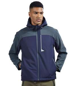 Chaqueta Softshell con capucha azul marino, cortavientos impermeable de dos tonos, ropa deportiva para exteriores con logotipo, suministro de fábrica con cremallera completa OEM - Product Image 3