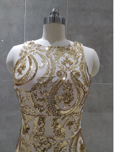 Vintage élégant mi-longueur robe de bal 100% Polyester maille tissu Sequin perlé robe fourreau manches longues chérie cou Cocktail - Product Image 4