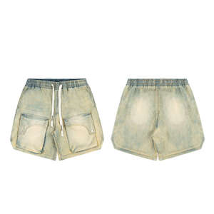 100% coton Shorts haute qualité taille élastique Logo personnalisé Cargo Jean Shorts foncé Vintage lavé grande taille hommes Shorts - Product Image 4