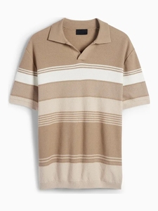 T-shirt en tissu éponge anti-rides pour homme, manches courtes, imprimé rayé, col Johnny, pull-over, tissu éponge pour l'été - Product Image 4