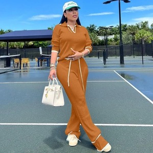 Autumn Winter Knitted Casual Tracksuit <b>Women</b> Two Piece Set Sporty Fitness Striped Sweater <b>Top</b> and Wide Leg Pants Jogging - Product Image 3