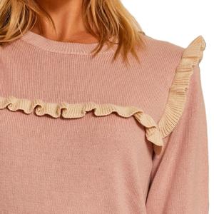<b>Women's</b> Casual Winter Crew Neck <b>Knitted</b> Pullover <b>Sweater</b> <b>Cable</b> Body Gored Stitches Yoke with Ruffles - Product Image 3