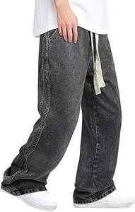 Wholesale Custom High <b>Waist</b> Solid Pattern Leather Patch Men's Baggy <b>Jeans</b> <b>Elastic</b> Denim Pants Drawstring for Street Wear Winter - Product Image 6