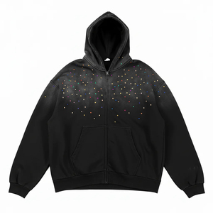 เสื้อฮู้ดดี้ผ้าฝ้ายทรงโอเวอร์ไซส์ สไตล์ Y2K ล้างสีแบบ Acid Wash ประดับคริสตัลหลากสีตามสั่ง เสื้อฮู้ดดี้ทรงบ็อกซี่แบบสวมหัว มีซิป สำหรับผู้ชาย - Product Image 6