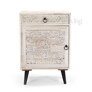 Elegant Handmade Nightstand 2 Drawers Carved Floral Design Smooth Whitewashed Finish Sturdy Build Modern <b>Bedroom</b> <b>Furniture</b> - Product Image 2