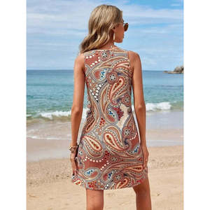 Vestido Mini Estampado sin Mangas con Cuello en V de Encaje para Mujer de Jane's, Corte Regular, Tela Fina, Ideal para Uso Diario Informal, Ropa de Playa - Product Image 4