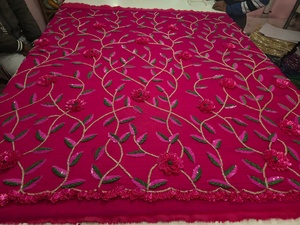 Luxury Hot Pink Net <b>Fabric</b> with 3D Flower Beaded & Sequins Hand Embroidered Heavyweight Weft Knitted Accessory Style - Product Image 2