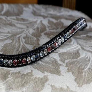 Banda Clásica de diseñador de marca, estrás de 3 filas de cristales, color gris Borgoña, multicolor, cuero negro de grano completo, banda para cejas de caballo - Product Image 3