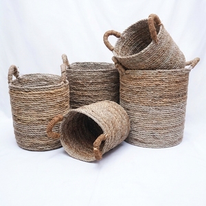 Ensemble de paniers de rangement en écorce de bananier naturelle, cylindres horizontaux tressés avec poignée en arche, pot de fleurs, décoration artistique pure pour la maison - Product Image 1