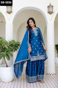 Nouveau concepteur femmes porter Chinon matériel Salwar Kameez costume avec broderie séquence travail Sharara costume pour mariage Festival porter - Product Image 4