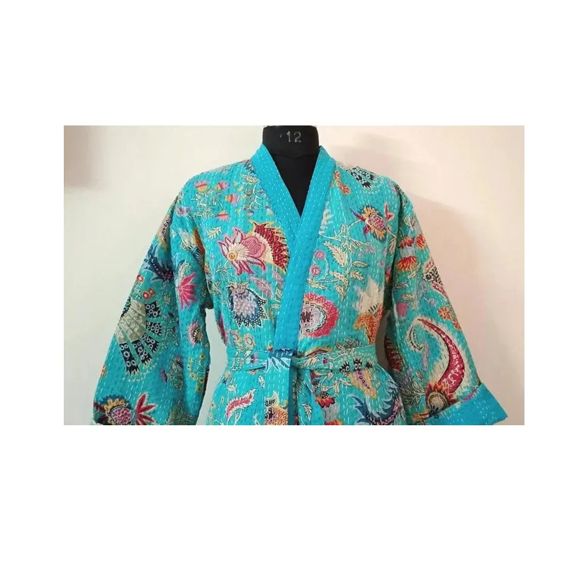 Pur coton indien Patchwork main bloc imprimé Robe de bain nuit sommeil porter Kimono femmes mode Double couche Robe de chambre