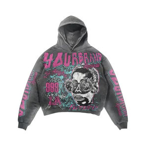 Personnalisez votre conception Sweats à capuche imprimés Dtg surdimensionnés de meilleure qualité pour hommes en détresse déchiré bord brut Sweat à capuche graphique en éponge française - Product Image 2