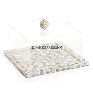 Soporte y platos para pasteles con forma cuadrada de madera y trabajo de nácar con tapa acrílica, artículos de Hotel, soporte decorativo para pasteles - Product Image 3