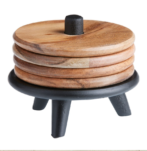 Juego de posavasos redondos de madera con un elegante soporte de almacenamiento con trípode. Elegante. Disponible a precios de mayoreo. - Product Image 1