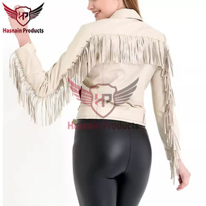 Womens Real Beige Leather <b>Jacket</b> Fringe Yoke Tassels Belted Sheepskin Cream <b>Western</b> Cowgirl Biker Coat Custom Winter Outerwear - Product Image 4