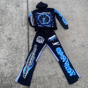 Sudadera con capucha de doble cintura acampanada pantalones de chándal OEM personalizado con diamantes de imitación DTG Logo Terry algodón para hombres pantalones de jogging personalizados - Product Image 3